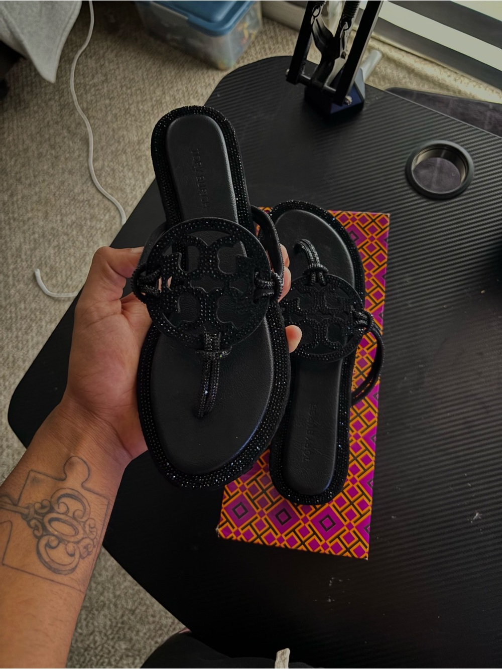 Black Embellished Women's Thong Sandals - Elegant Slip-On Style